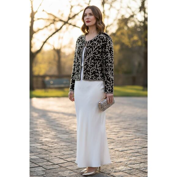 Vintage SILK Jacket Black White Pearls Sz SP Formal Holiday Party Glam Cropped - Picture 8 of 16